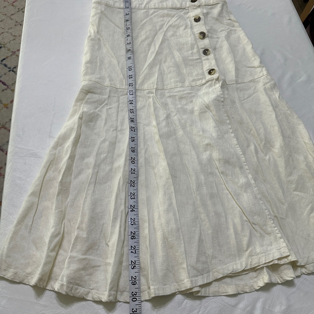 Free People Linen Midi Skirt 6 Ivory Button Boho Coastal Cowgirl Cottagecore - Picture 6 of 11